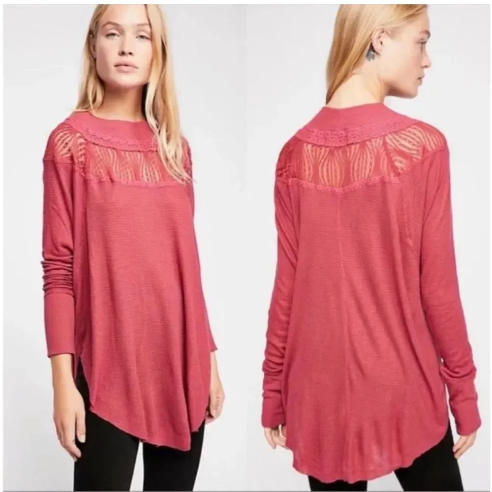 Free People Waffle Knit Thermal Top With Lace Trim